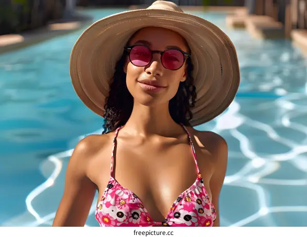 Woman Wearing Sunglasses and Hat by Pool