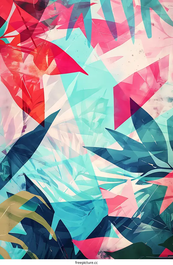Abstract Tropical Leaves in Pink, Blue and Green Colors