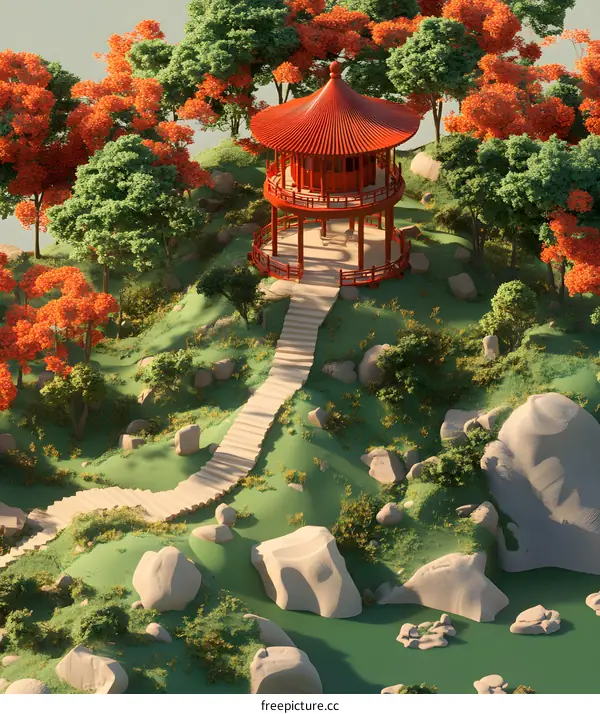 Red Pagoda in a Green Forest