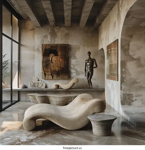 Modern Interior Design with Large Painting and Woman Sculpture