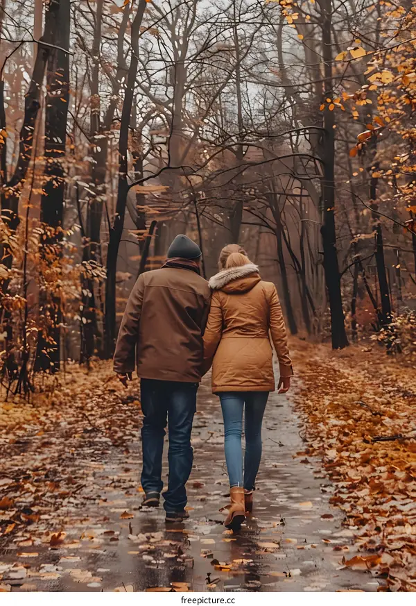 Couple Walking in Autumn Forest