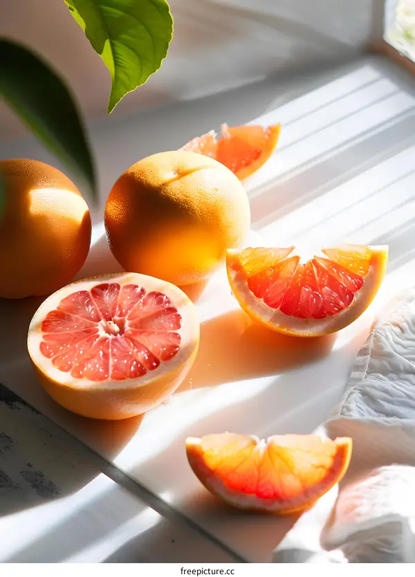 Freshly Cut Grapefruit on a White Surface with Sunlight