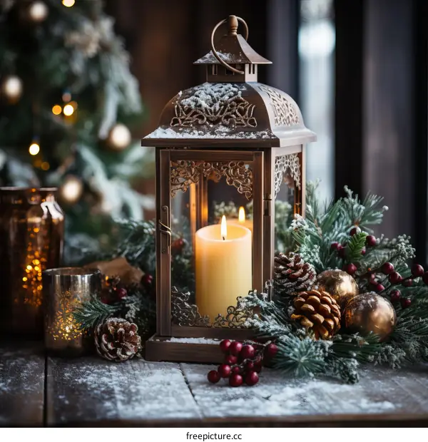 Snow-Covered Tabletop with Glowing Candle Lantern