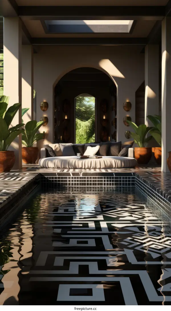 Black and white geometric tile swimming pool with a daybed and plants
