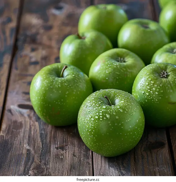 Green Apples with Water Droplets on a Wooden Table