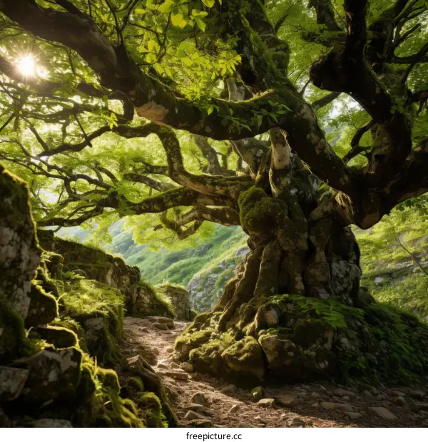 Huge tree with large branches and green leaves in the middle of the forest