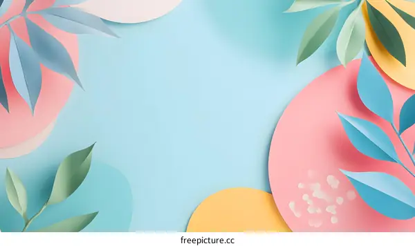 Blue Green and Pink Paper Leaves Background