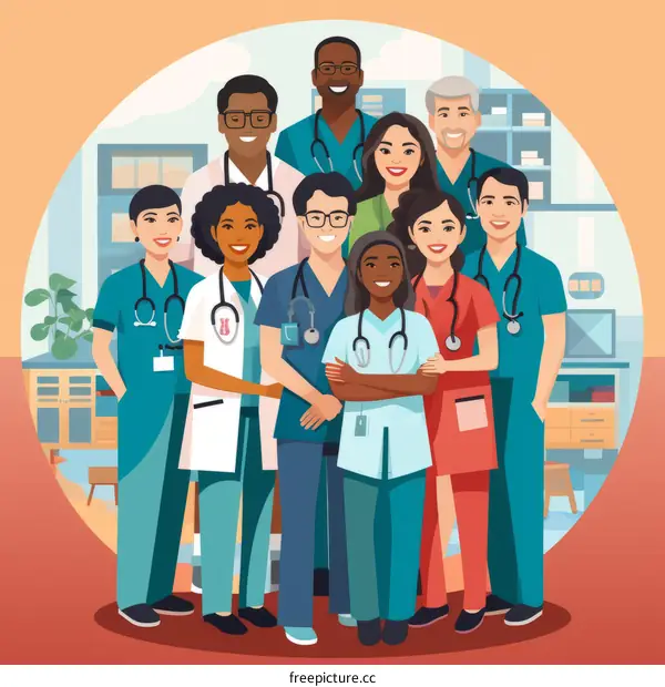 Diverse group of doctors and nurses in a hospital setting
