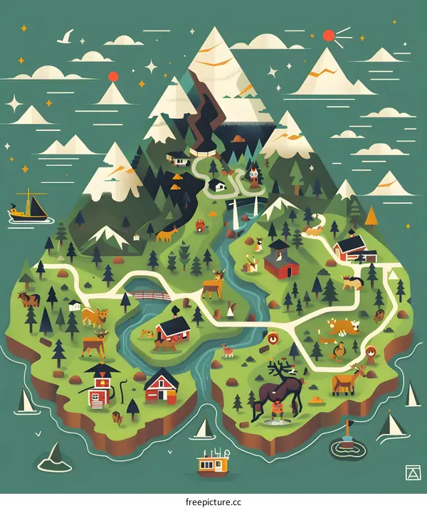 Illustrated Mountain Landscape With Animals And Buildings