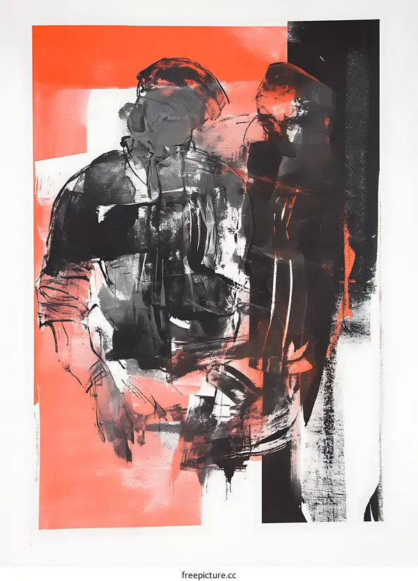 Abstract Art Painting Of Two People In Black And Orange