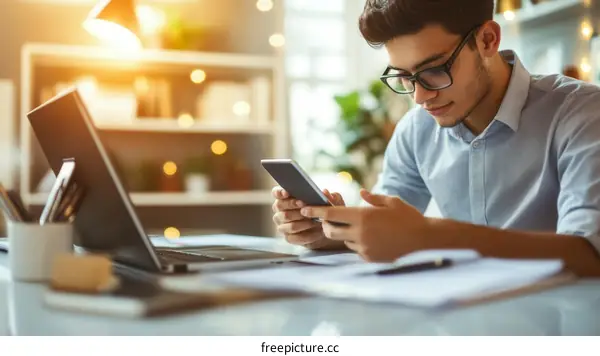 Young Man Using Smartphone at Desk