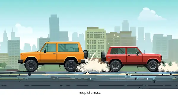 Two Off Road Vehicles Driving Through A City With Tall Buildings In The Background