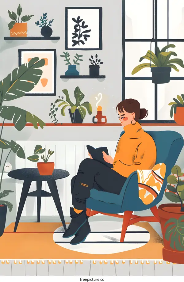 Woman Reading In Cozy Living Room With Plants