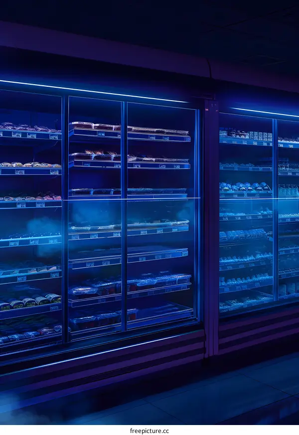 Refrigerator With Frozen Food In Supermarket
