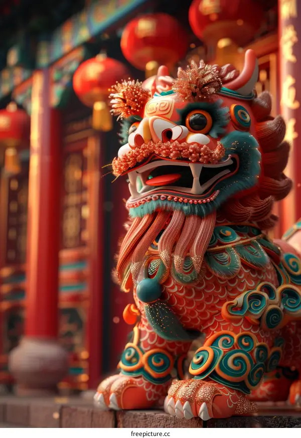 A close-up of a colorful and intricately detailed Chinese lion statue with a red background