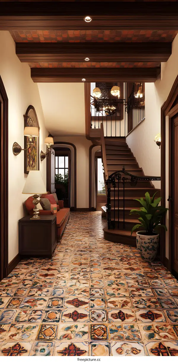 Luxury Home Interior Design With Wooden Stairs And Patterned Tile Floor