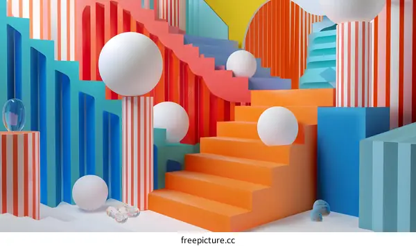 Abstract 3D Rendering of Colorful Geometric Shapes and Stairs