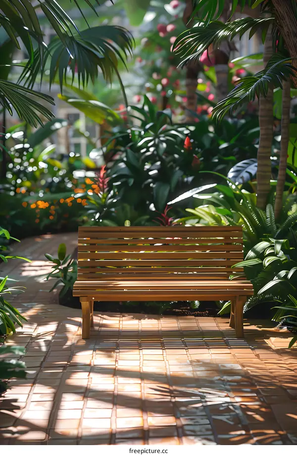 Wooden Bench in a Tropical Garden