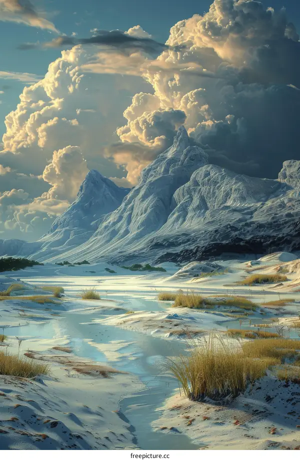 Snowy Mountain Landscape with Dramatic Clouds