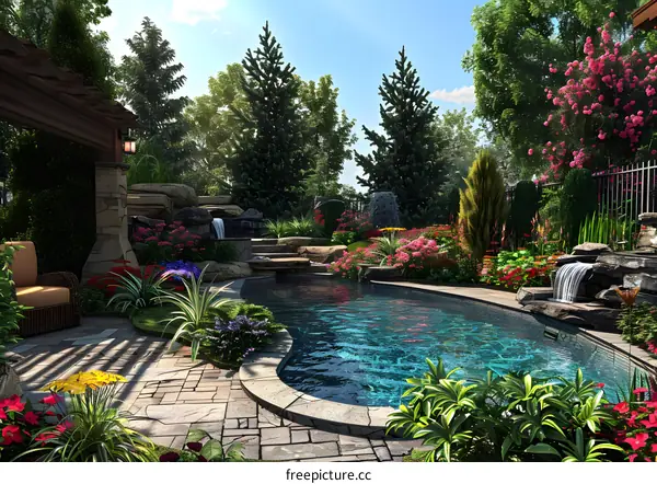 A garden with a swimming pool