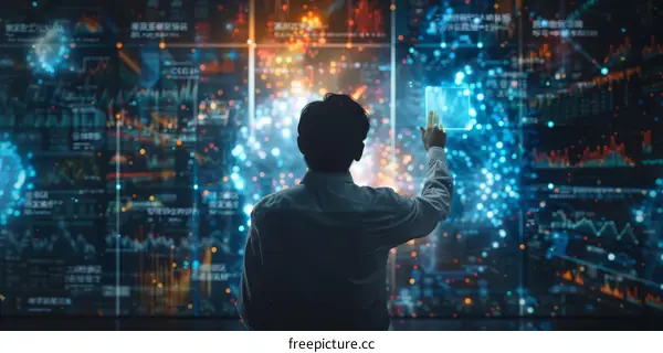 Businessman touching futuristic screen with data and graphs.
