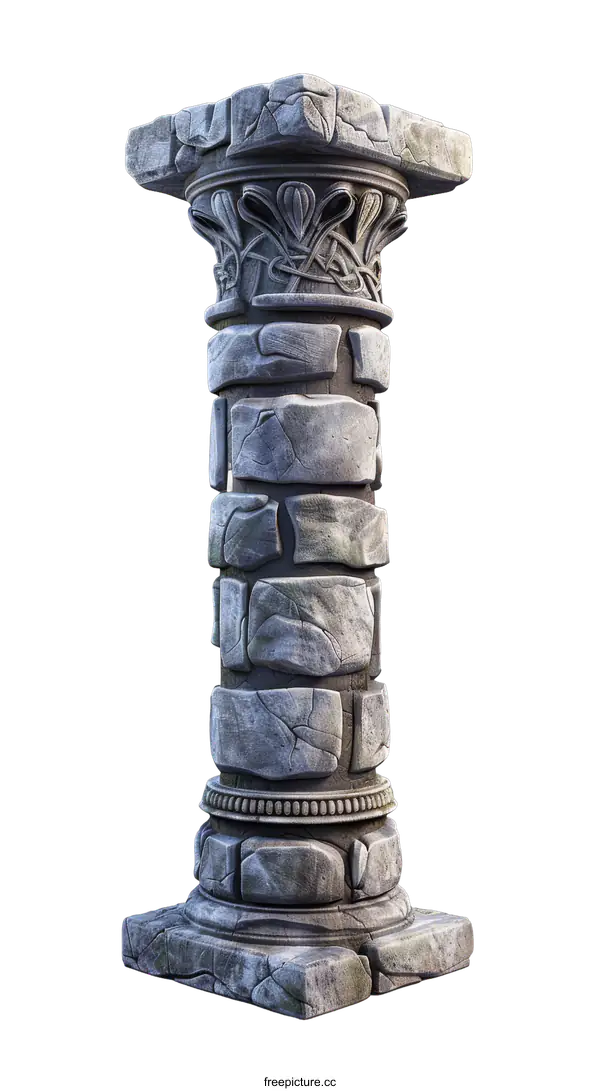 [Transparent Background PNG]A rendered image of a grey stone pillar with intricate carvings near the top