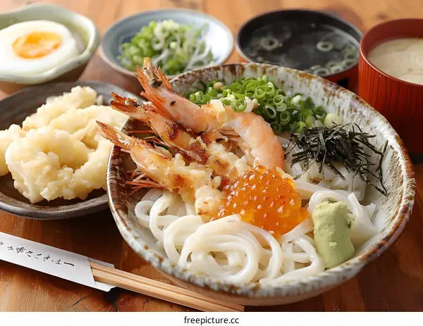 A delicious bowl of udon noodles with shrimp tempura and roe