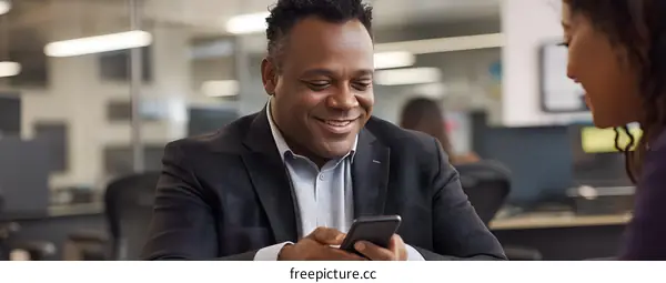 Smiling Businessman Using Phone In Office