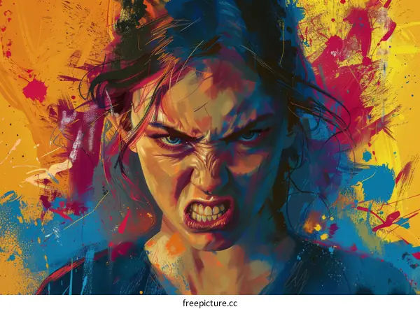 Angry Woman Portrait with Abstract Colorful Background