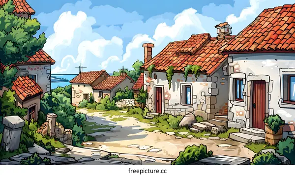 A beautiful illustration of a small village with stone houses and red tile roofs.