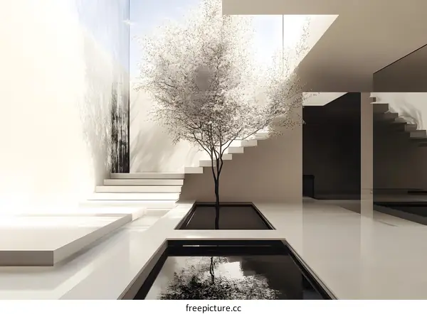 Minimalist Interior Design with Tree and Water Feature