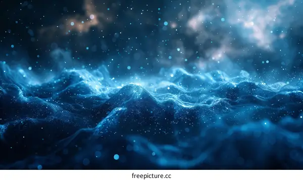 Blue and black digital image of a terrain with a starry night sky above