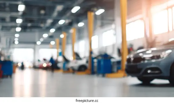 Blurry Garage Interior with Cars and Mechanics