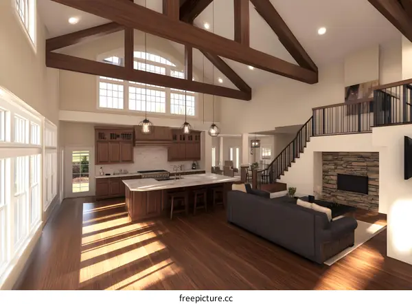 Modern Farmhouse Kitchen and Living Room Interior Design with Vaulted Ceiling