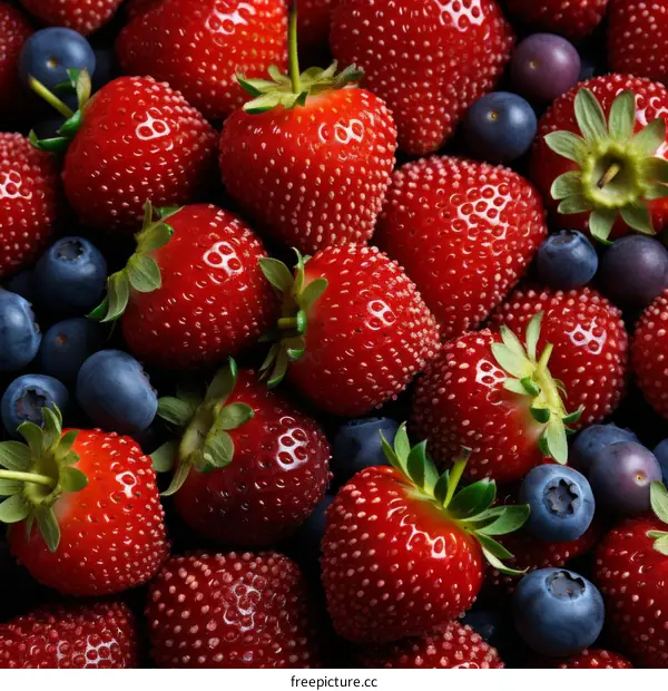 A close up of a pile of strawberries and blueberries