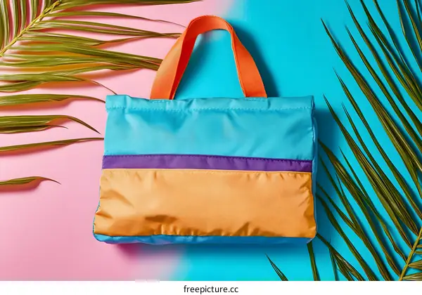 Colorful Tote Bag With Palm Leaves on a Blue Pink Background