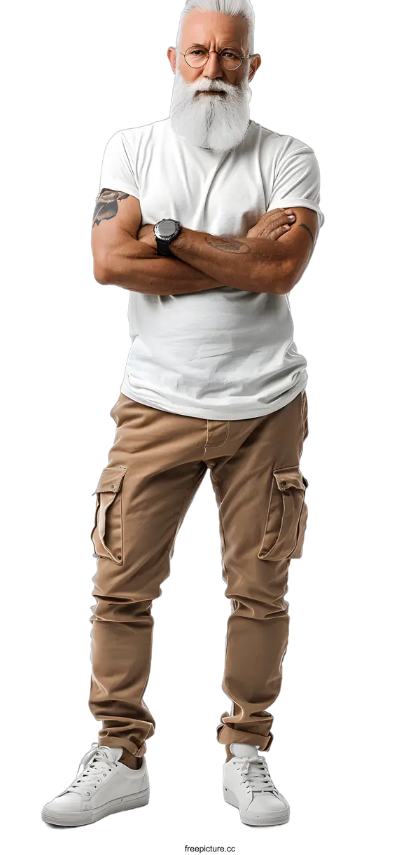 [Transparent Background PNG]Confident senior man with beard and tattoos