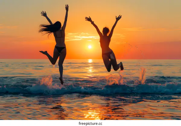 Two women jumping in the sea at sunset