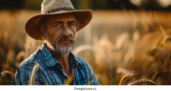 A farmer wearing a straw hat is standing in a wheat field and looking at the camera.
