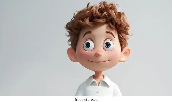 Smiling Cartoon Boy with Curly Hair