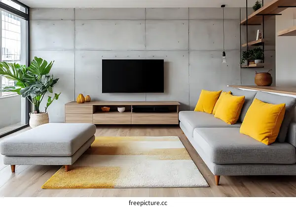 Modern Living Room Interior Design with Concrete Wall