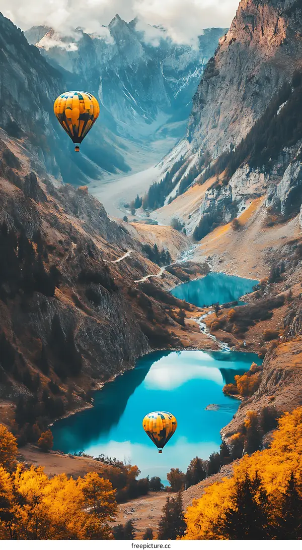 Hot Air Balloon Flying Over Mountain Lake