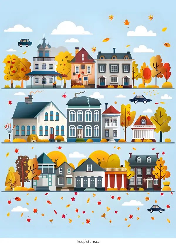 Autumn Cityscape Illustration with Colorful Houses and Falling Leaves