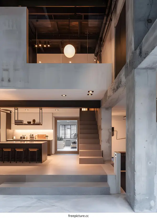 Modern Concrete Loft Apartment Interior Design with Staircase and Kitchen
