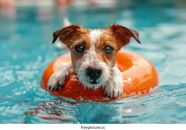 A cute brown and white dog in an orange life preserver is swimming in a pool