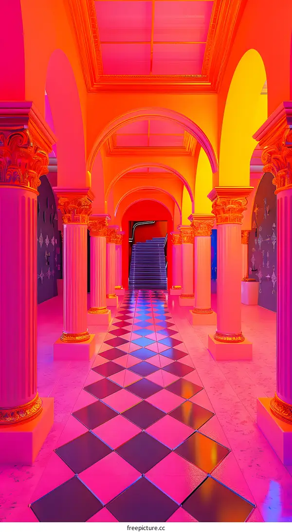 Neon Pink Hallway with Checkered Floor and Golden Pillars