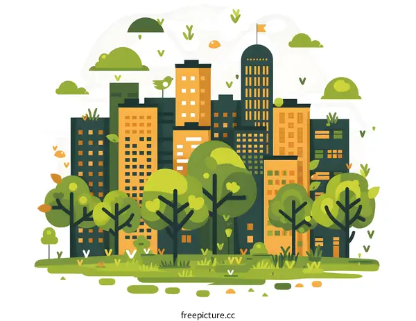 Green Cityscape with Trees and Buildings