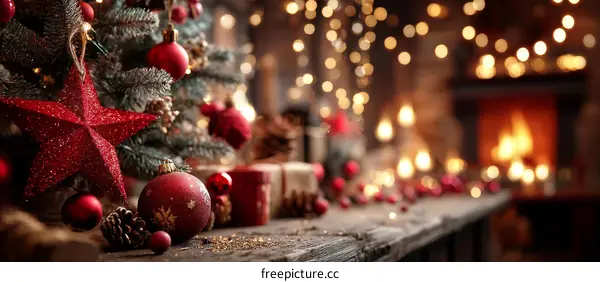 Christmas Decorations by the Fireplace in a Rustic Home
