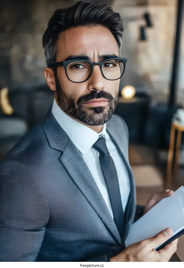Serious Businessman in Suit and Glasses Holding Papers