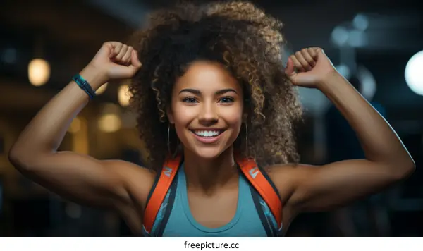 Portrait of a young woman with curly hair smiling and raising her arms in victory